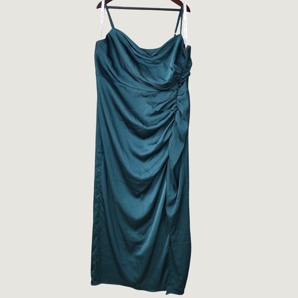 Azazie x Kendall + Kylie Maxi Dress Womens Size C (6) Teal Satin Ruched Slit